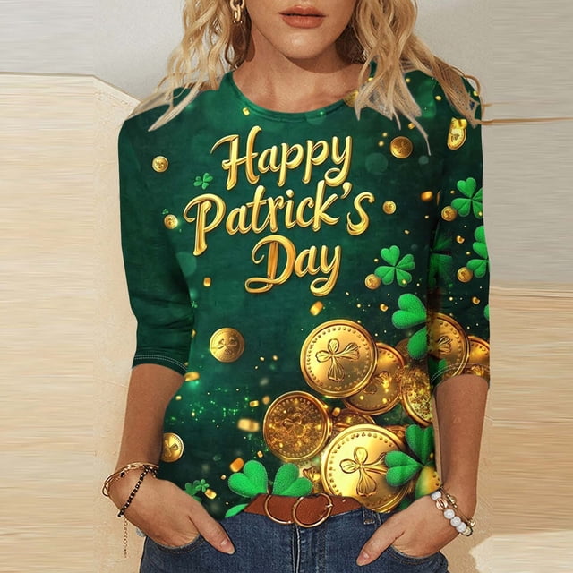 TaTaai St. Patrick's Day Women's Casual Print Round Neck 3/4 Sleeve T-Shirt Loose Top Gift