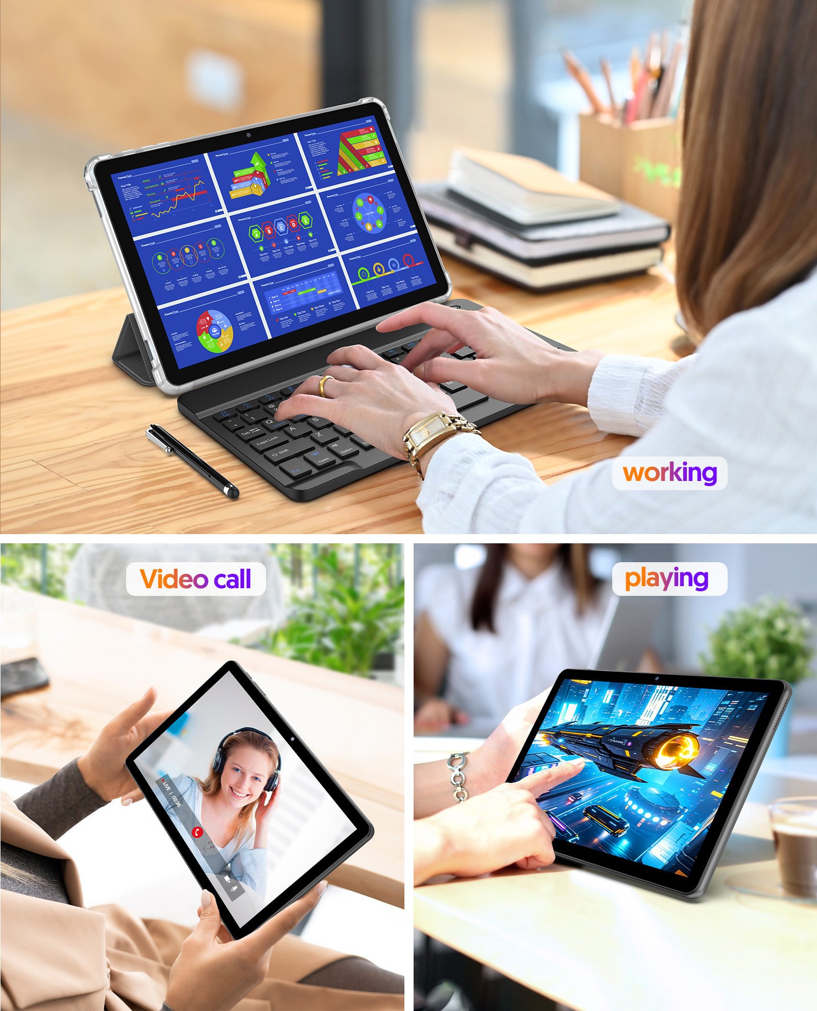 Android 14 Tablet, 10.1 Inch Android Tablet with Octa-core Processor,8GB+64GB Storage 1TB Expansion,6000mAh Battery,5G WiFi6,2+8MP Dual Camera 2 in 1 Tablets Kit with Keyboard, Mouse,Pen,Case,Gray