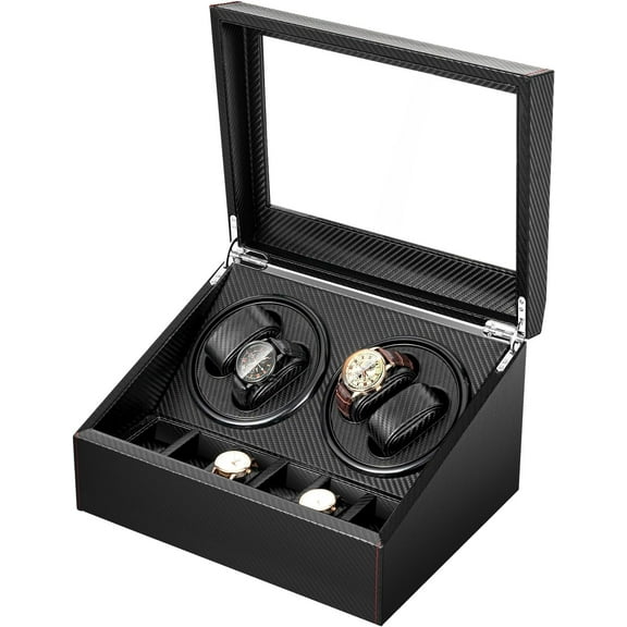 Watch Winders for Automatic Watches, Black Carbon Fiber Automatic Watch Winder Box with 4 Winder and 6 Extra Storage (Not Included Watches)