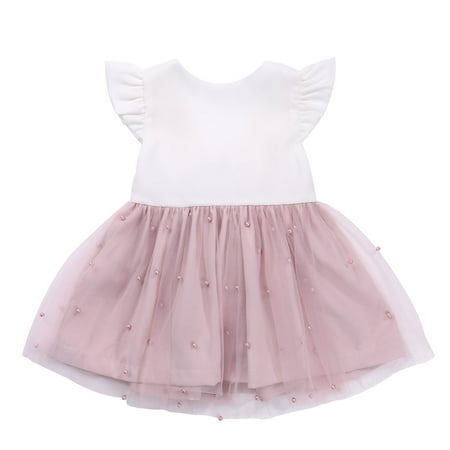 

Toddler Baby Girl Ruffle Sleeve V-Back Beading Tulle Dress Princess Bowknot Tutu Dresses