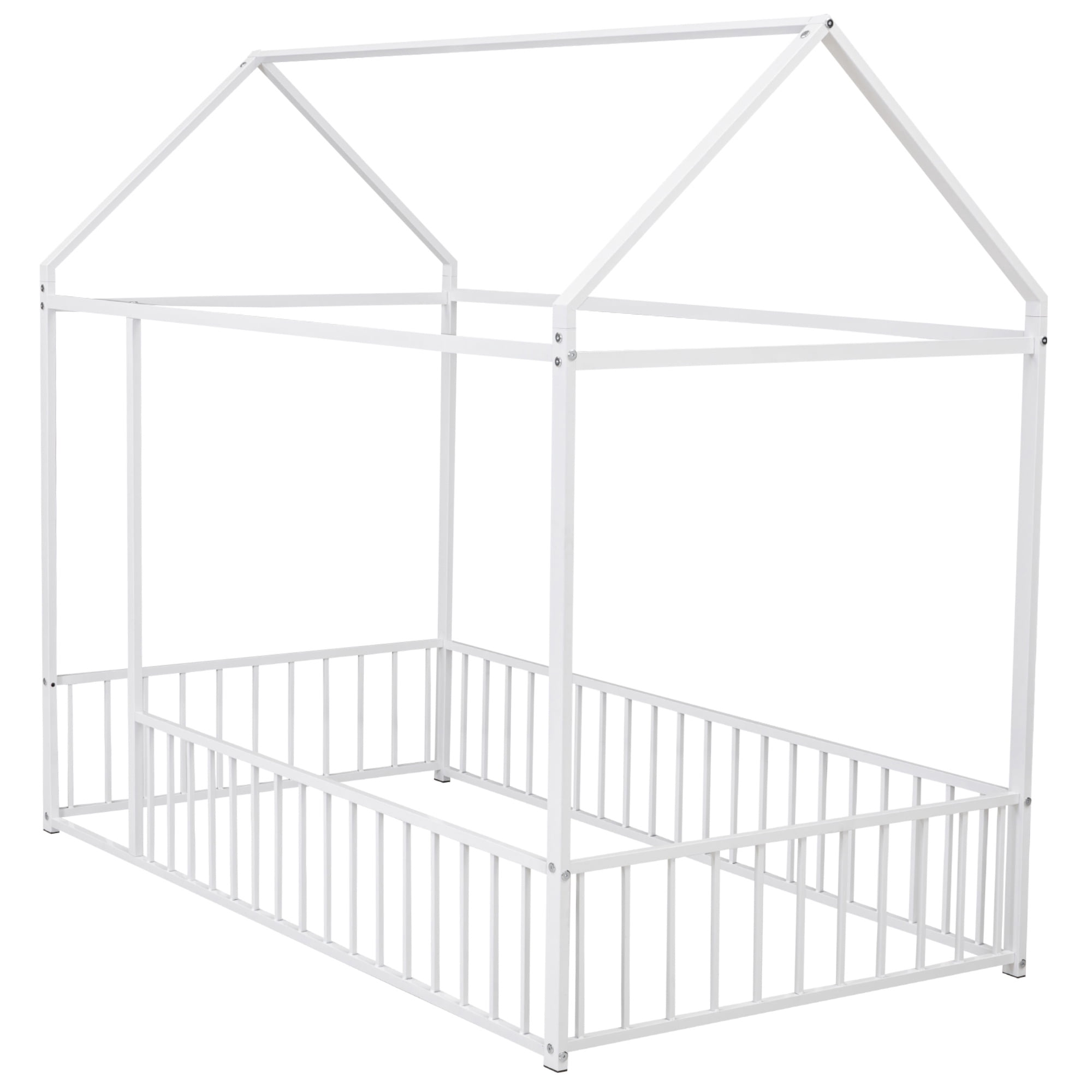 Gewnee Twin Size Metal House Bed frame with Fence,Montessori Floor Bed for Toddler and Kids,White