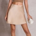 thumbnail image 4 of Miluxas Women Satin Silky Mini Skirt Solid Color Lace Trim Patchwork Short Skirt Elegant Elatic Low Rise Bodycon Short Underskirt Slip Skirt Khaki, 4 of 9