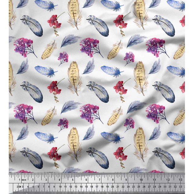 Soimoi White Rayon Fabric Feather & Floral Printed Fabric 1 Yard 42 Inch Wide