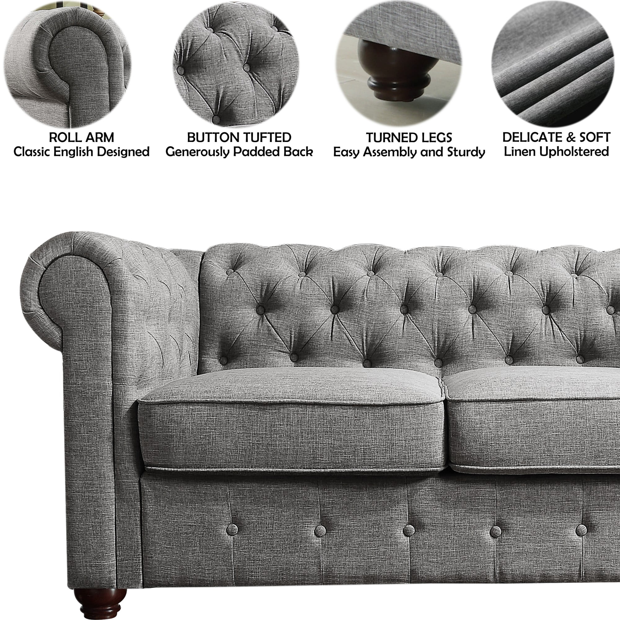 Gewnee Gray 65” Loveseat, Solid Wood Frame & Rubberwood Legs for Living Room, Apartment, Guest Room