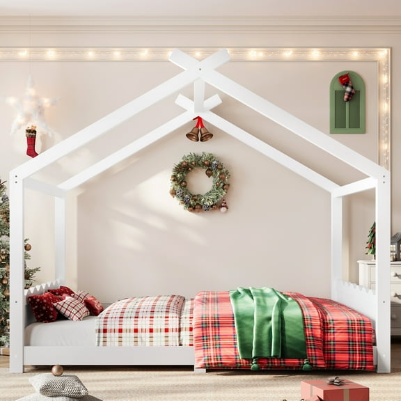 Queen House Floor Bed, Solid Wood House Bed Frame with Support Slats, Low Profile Design No Box Spring Needed,Light White