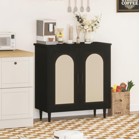 EastVita Set of 2 Rattan Sideboard Buffet Cabinet with 2 Doors Farmhouse Kitchen Storage Cabinet with Adjustable Shelf Wood Cupboard Accent Buffet Table for Entryway Dining Room and Living Room-Black