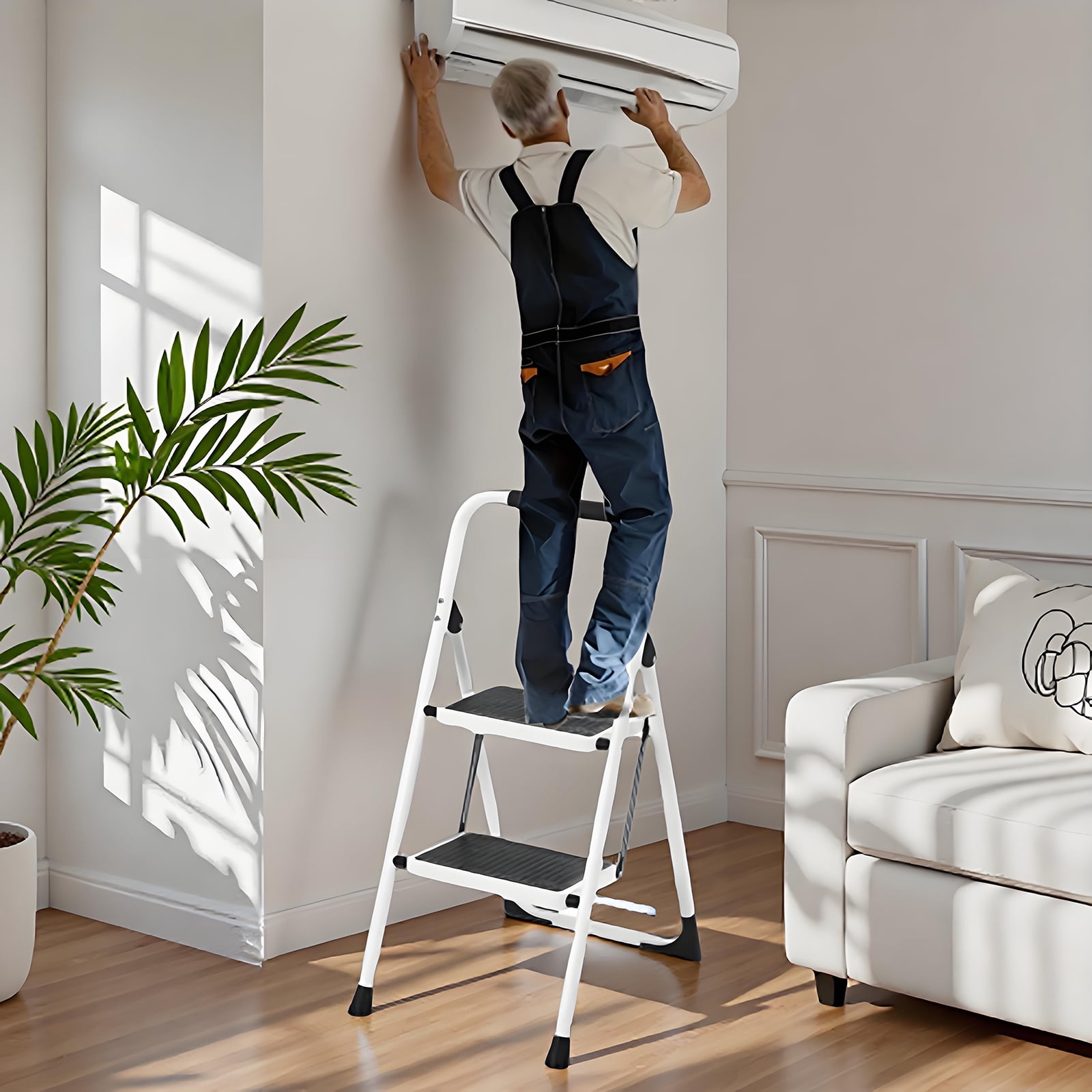 5-Step Foldable Step Ladder Stool with anti slip wide pedals, lightweight and easy to carry handle folding ladder, multi-purpose steel ladder for Kitchen, Household, 330LBS