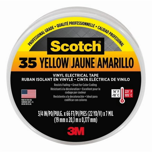 Scotch® #35 Vinyl Electrical Tape, 10844-DL-5, 3/4 in x 66 ft x 0.007 in, Yellow