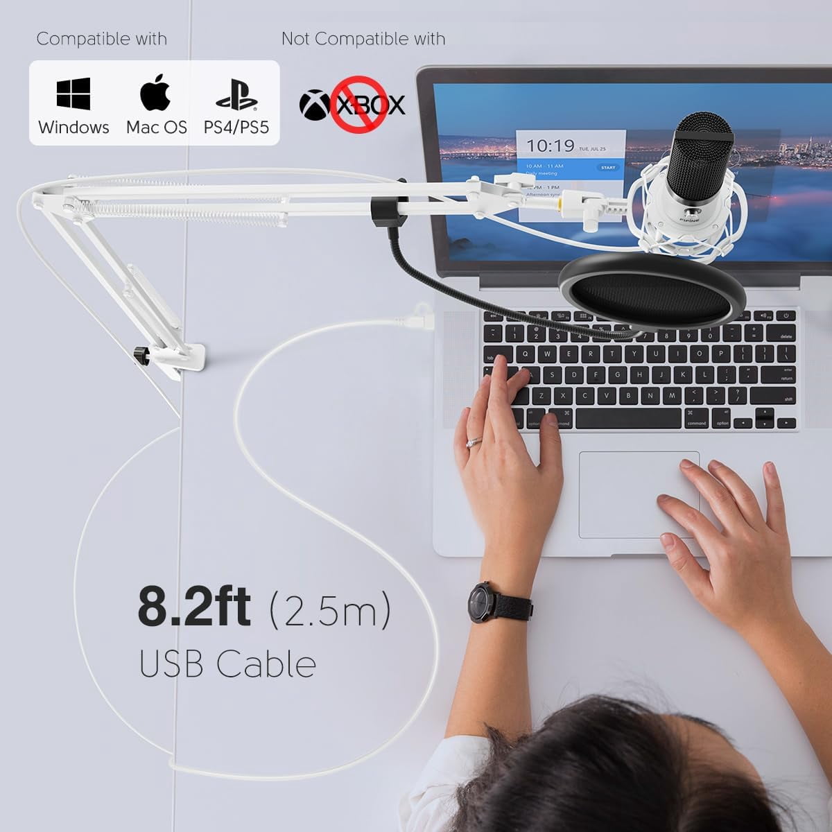 FIFINE T669 USB Studio Microphone Kit for PC Computer, Podcasting Microphone with Boom Arm Stand, Gain Control for Gaming, Streaming, Recording, White