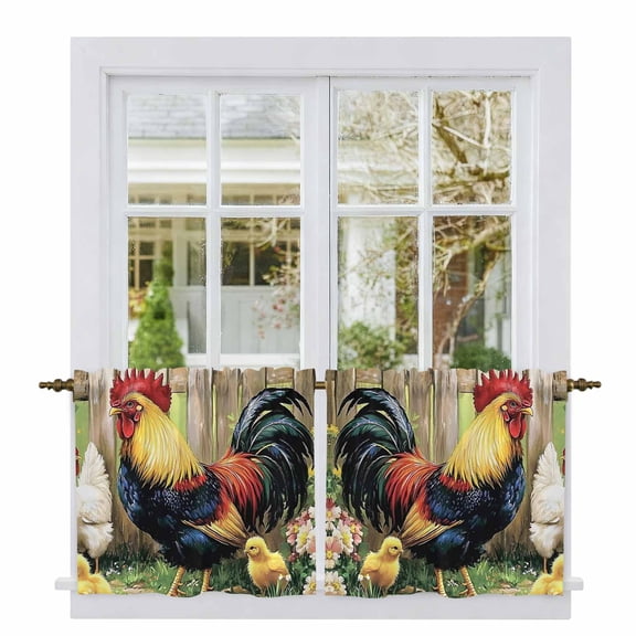 Retro Rooster Tier Curtains, Farmhouse Animals Watercolor Floral Light Filtering Kitchen Curtains, 2Pcs Rod Pocket Half Window Treatments Panels for Sink Cafe Cabinet Camper 27.5x24 Inches