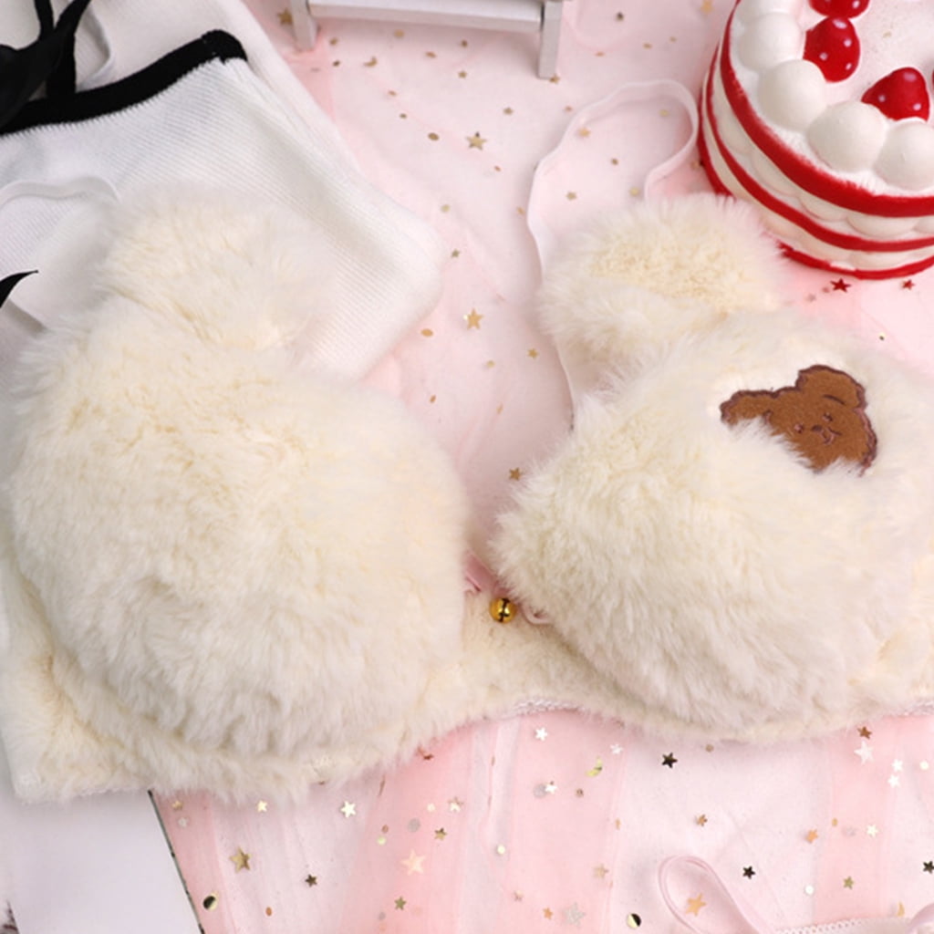 Tangpingsi Women's Kawaii 2 Piece Bra Panty Set Cute Bear Fluffy Faux Fur  Underwear Plush Ball Bow Anime Lingerie Bra : : Fashion