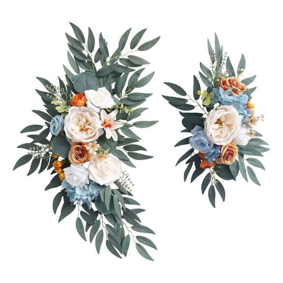 Abbraccia 2Pcs Artificial Floral Swag Wedding Arch Flowers Green Leaves Rustic Silk Flowers Welcome Sign Decoration for Ceremony Window blue and orange