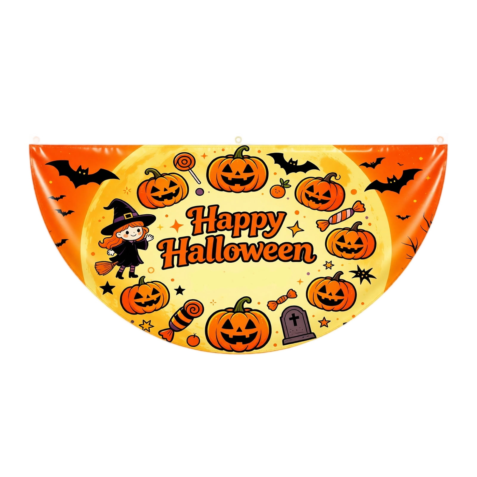 MInHoues Happy Halloween Fan Flag Banner Half Round Bunting Flag with Pumpkin Ghost Bat Graveyard Pattern Halloween Outdoor Banner for Porch Yard Indoor Holiday Party Hanging Decoration-E