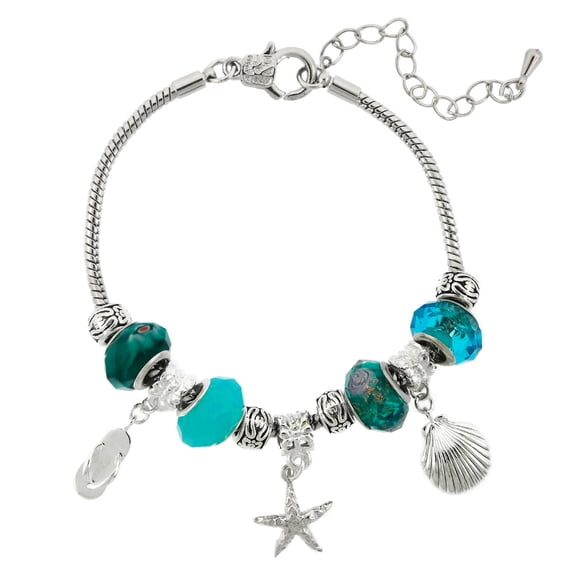 Silvertone Blue Mix Glass Beads  Bracelet and Extender, 7.5"