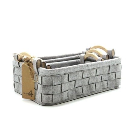 Handcrafted 4 Home Wood Handle Felt Nesting Baskets, Grey (Set of 3)