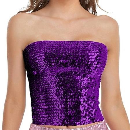 WNEGSTG Mardi Gras Corset Tops  Sequin Sleeveless Crop Tube Top Fashion Holiday Womens Sparkling Sequins Stretch Clubwear Top  Purple