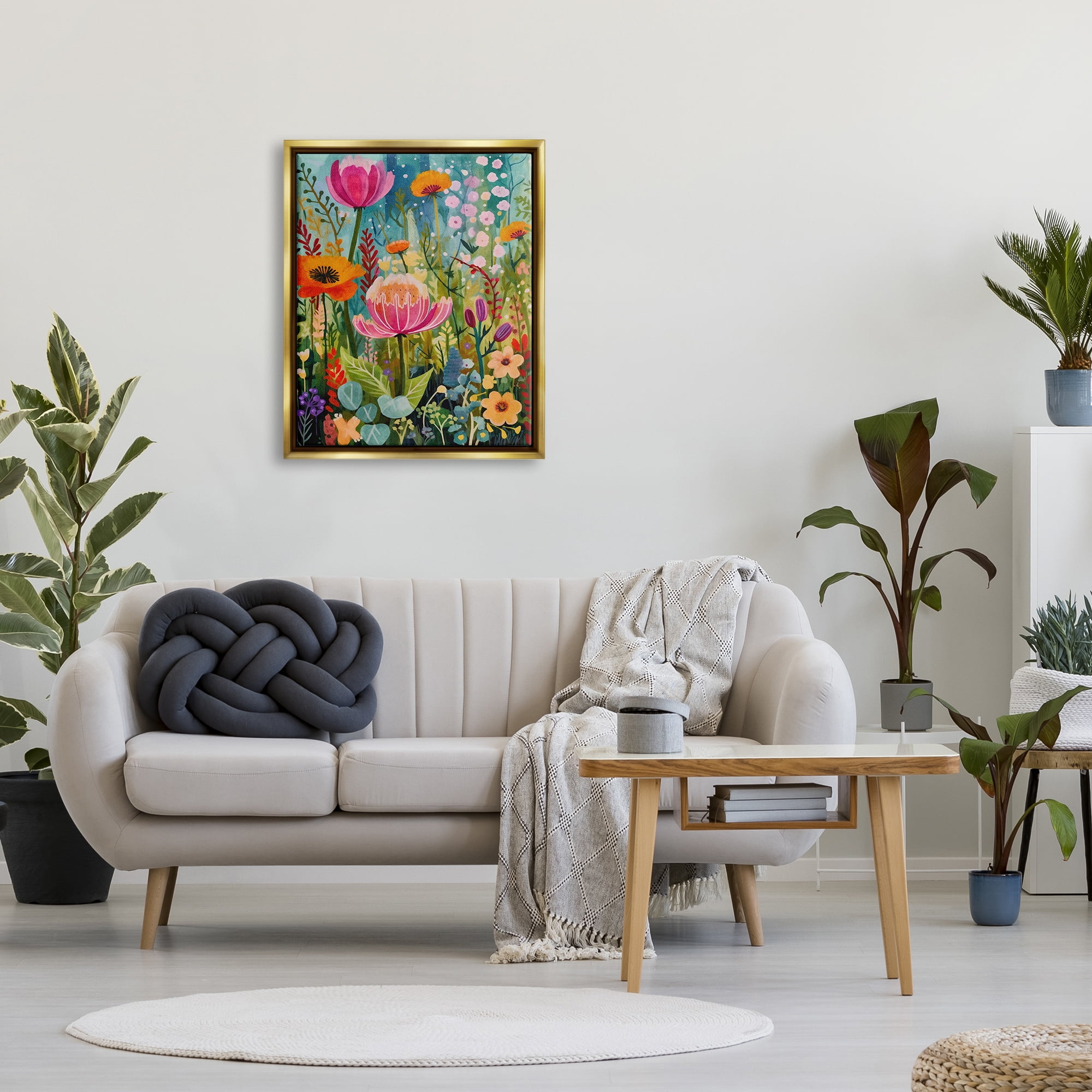 Stupell Industries Whimsical Floral Garden Botanical & Floral Painting Gold Floater Framed Art Print Wall Art, 25 x 31