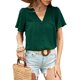 thumbnail image 1 of Top de verano para mujer, Top plisado con botones y manga corta con cuello en V, informal, suelto, verde oscuro M, 1 of 8