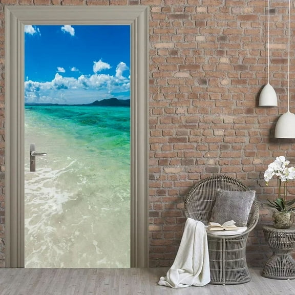 Ocean Beach Door Stickers Shiny Sunshine Blue Sky Mural Decal Sea Scenery Home Living Room r Wallpap