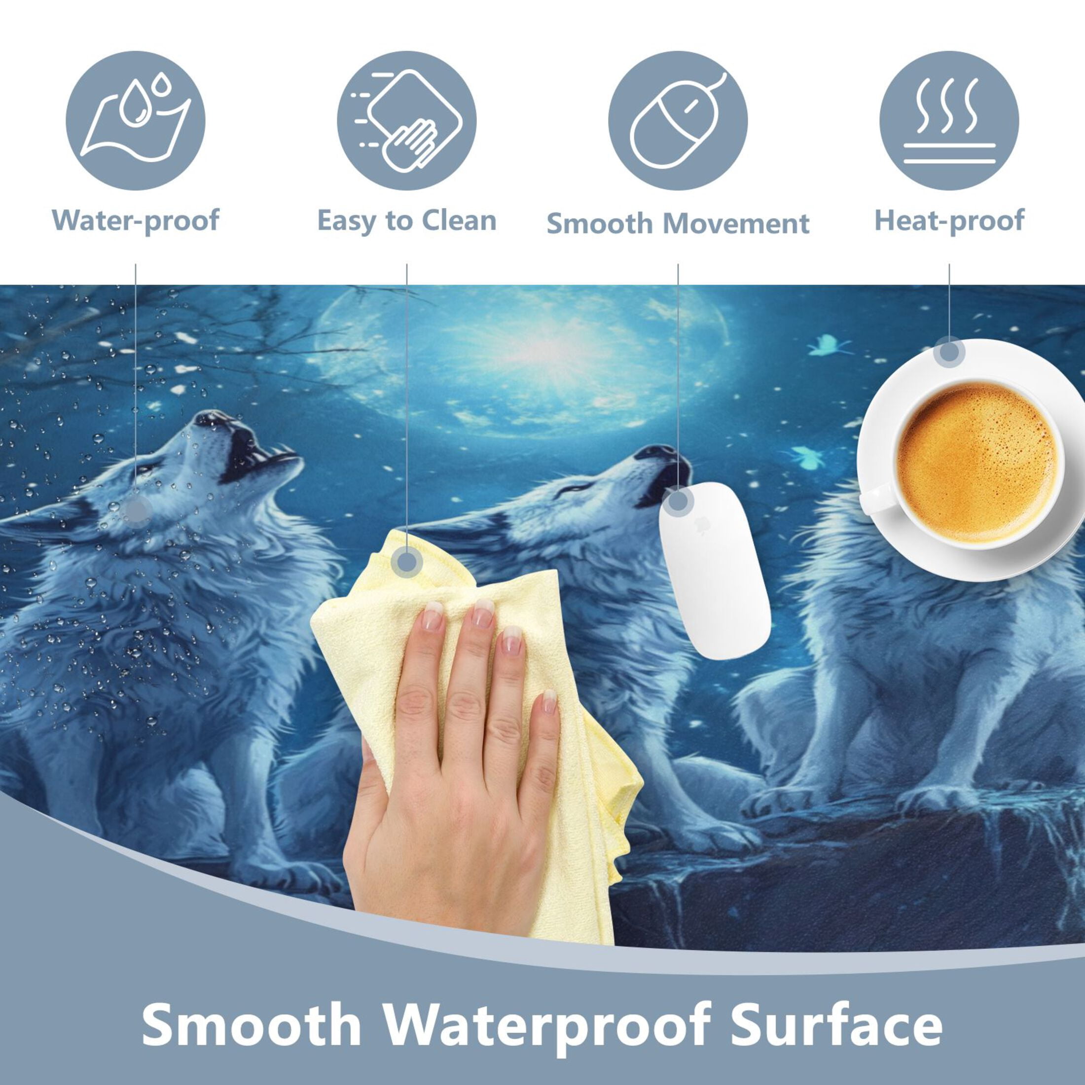 Leather Keyboard and Mouse Desk Mat Office Desk Accessories Protective Office Desk Decor Desk Pad Mat for Gaming, Work from Home, Office Three Blue Wolves 16.5" x 35.4"