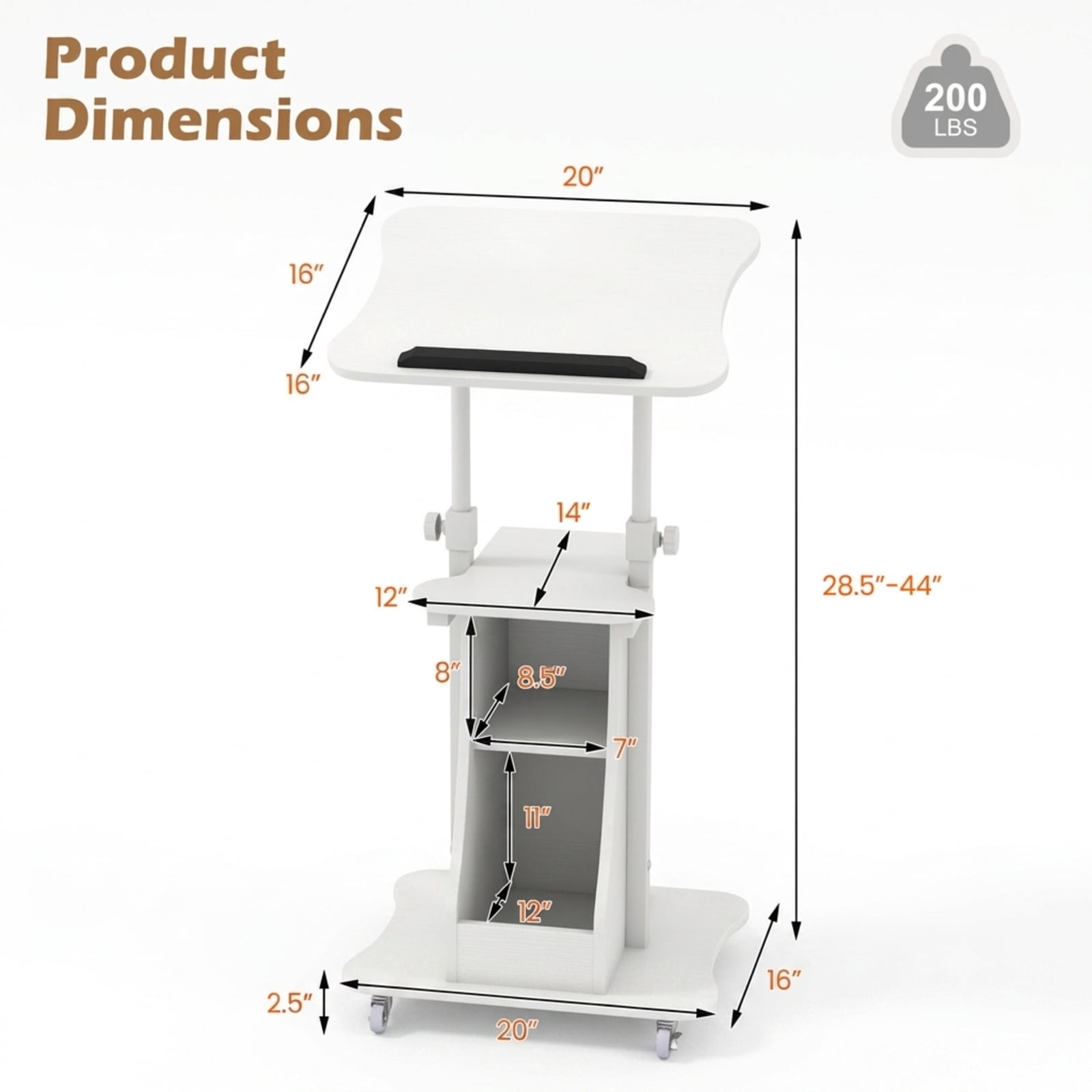 Furnibear Mobile Podium Stand Height Adjustable Laptop Cart with Tilting Tabletop Lockable Wheels and Storage Compartments for School, White