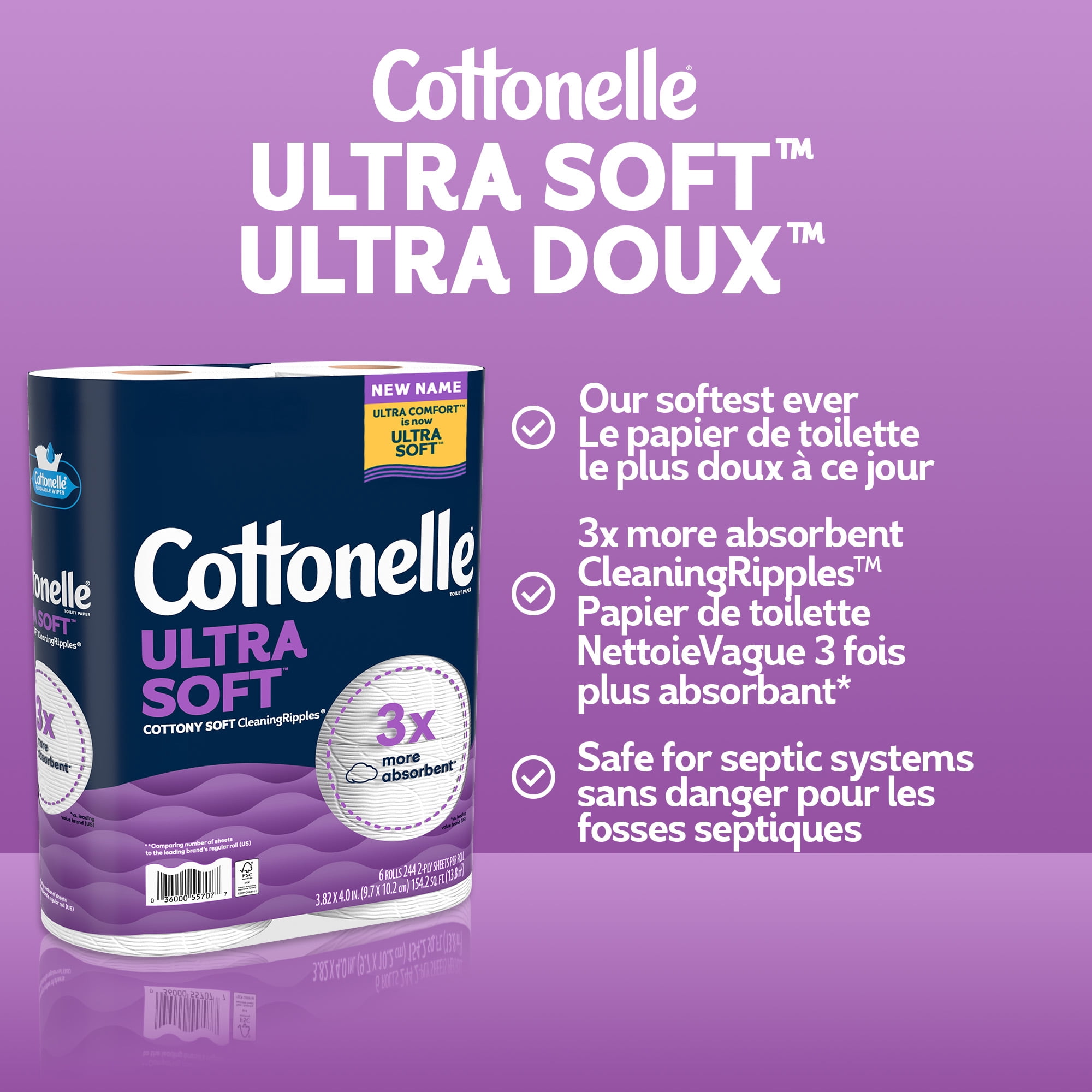 Papier hygiénique Cottonelle Ultra Soft, papier hygiénique résistant, 12 méga rouleaux