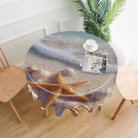 RKSupls 60 Inch Round Tablecloth, Starfish Beach Shells Premium Polyester Straight Edge Wrinkle Resistant Washable Table Cover for Party Home Dining Decor