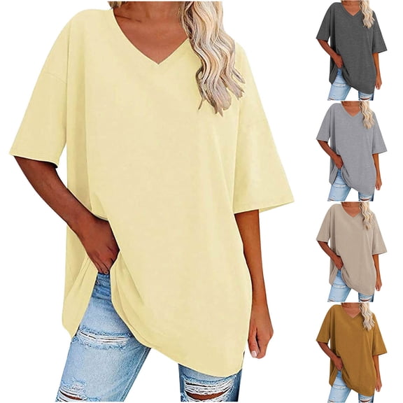 Fesfesfes Tshirts Shirts for Women's New Solid Loose Half Sleeve V-Neck Cotton Waist Short Sleeve V-Neck Tops Going Out Tops for Women 6(M)