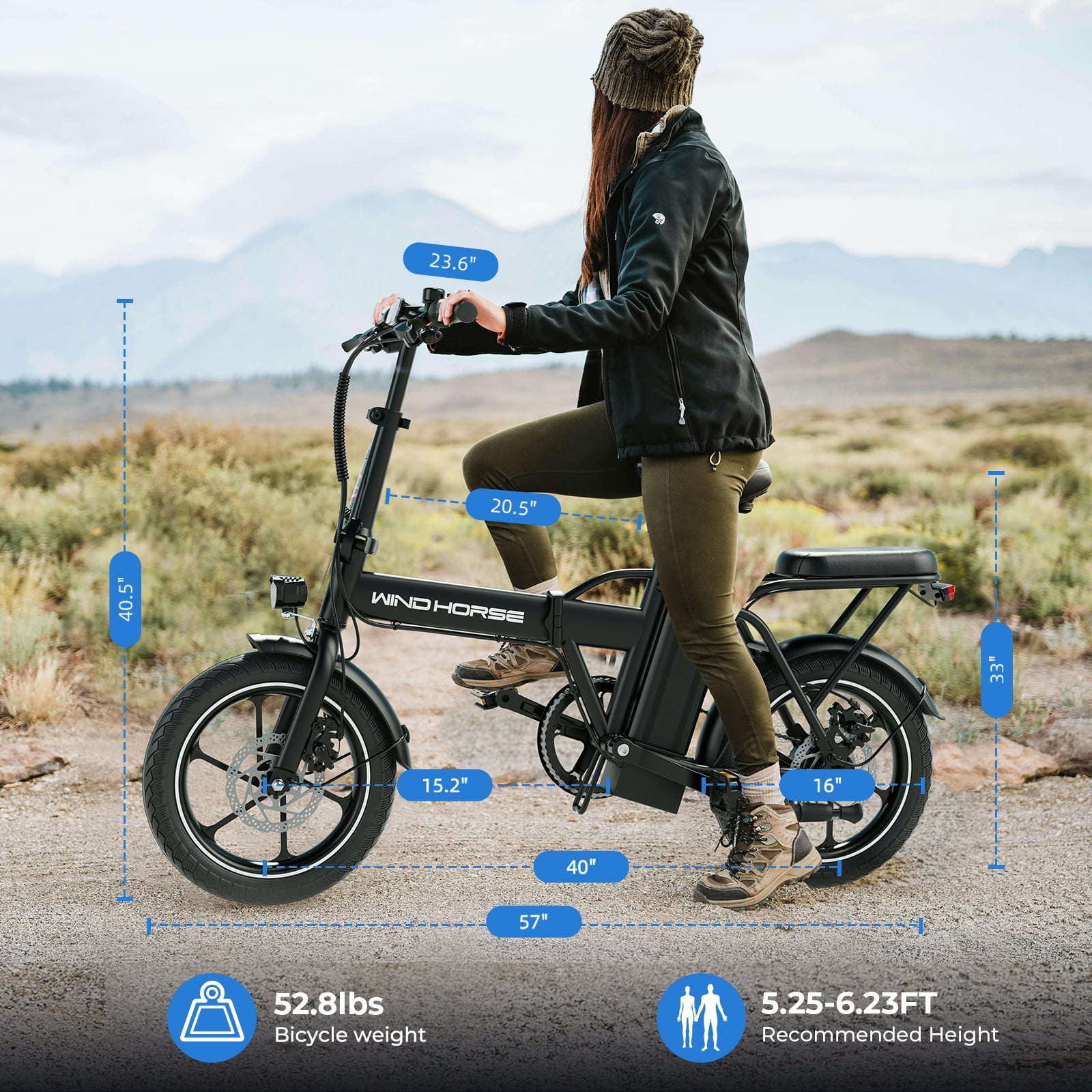 WINDHORSE 16" Folding Electric Bike for Adults, 20mph, 19-35mile Range, 630W Peak,  Removable Battery, Seat Suspension, LCD Display, Commuter Ebike