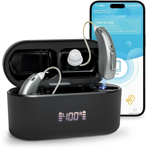 Hearing Aids (Not Amplifiers), Bluetooth Rechargeable Hearing Aids for Seniors Adults, Superior Sound Quality OTC Smart Hearing Aid with Noise Cancellation, Bluetooth Enabled & App Control, 4 Modes