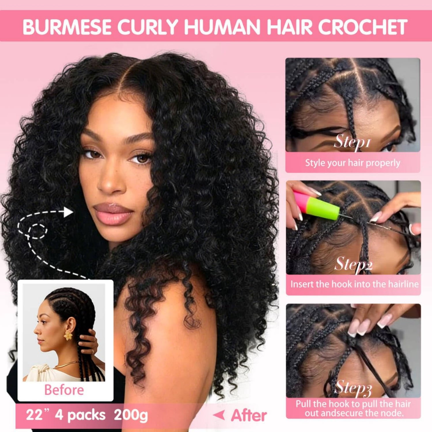 24 Inch Burmese Curly Human Hair Crochet Bundles Invisible Pre-Separated Tahikie Burmese Curly Human Crochet Hair Extensions for  main image 4