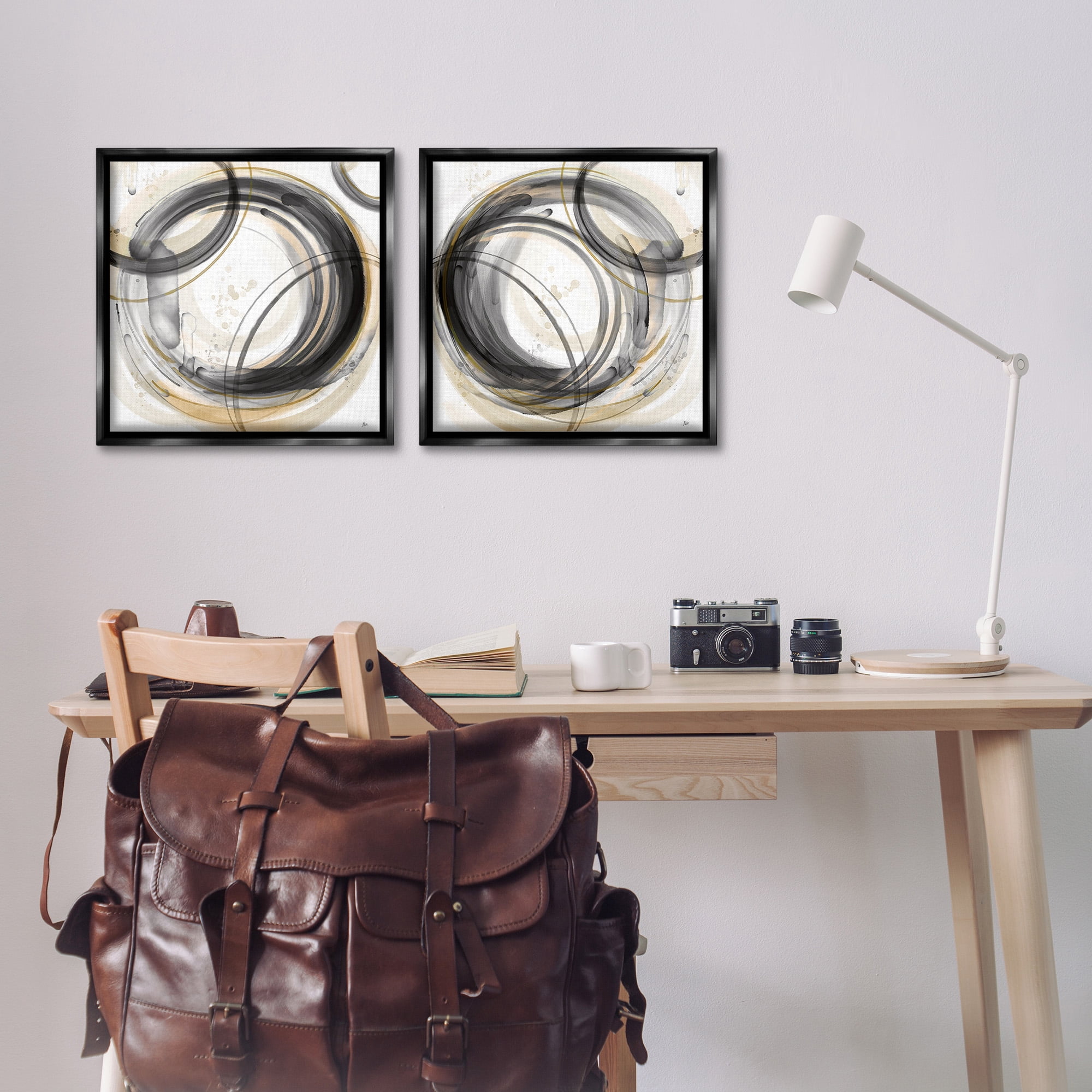 Stupell Industries Concentric Circles Pattern Abstract Painting Black Floater Framed Canvas Art Print Wall Art, 18 x 18, Set of 2