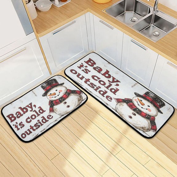 Kitchen Rugs and Mats【2 PCS】Non Skid Lovely Snowman with Hat Creative Kitchen Mat