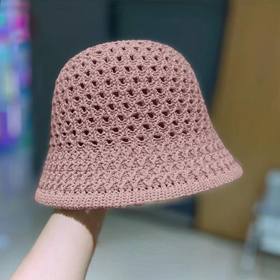 Women's Solid Color Woven Bucket Hat, Casual Foldable Knit Fisherman Hat for Summer Travel, Breathable Lightweight Outdoor Sun Protection Cap Pink