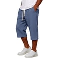 thumbnail image 4 of Men's Pants Elastic Waist Drawstring 3/4 Length Solid Textured Knit Loose Soft Breathable Summer Bottoms for Gym Workout Weekend Outings and Active Days Navy XL, 4 of 9