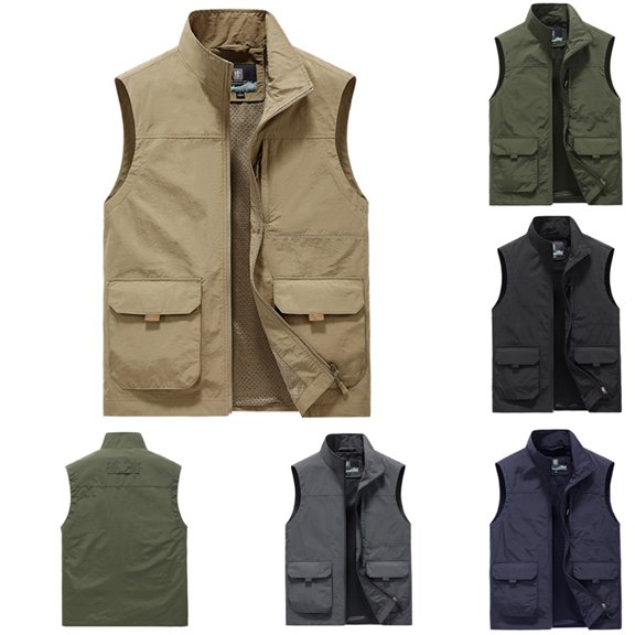 Hinvhai Men's Slim Fit Vest Utility Cargo Sleeveless Jacket Comfy Cotton Outdoor Fishing Photograpy Vest with Zipper Pockets Khaki XL(XL)