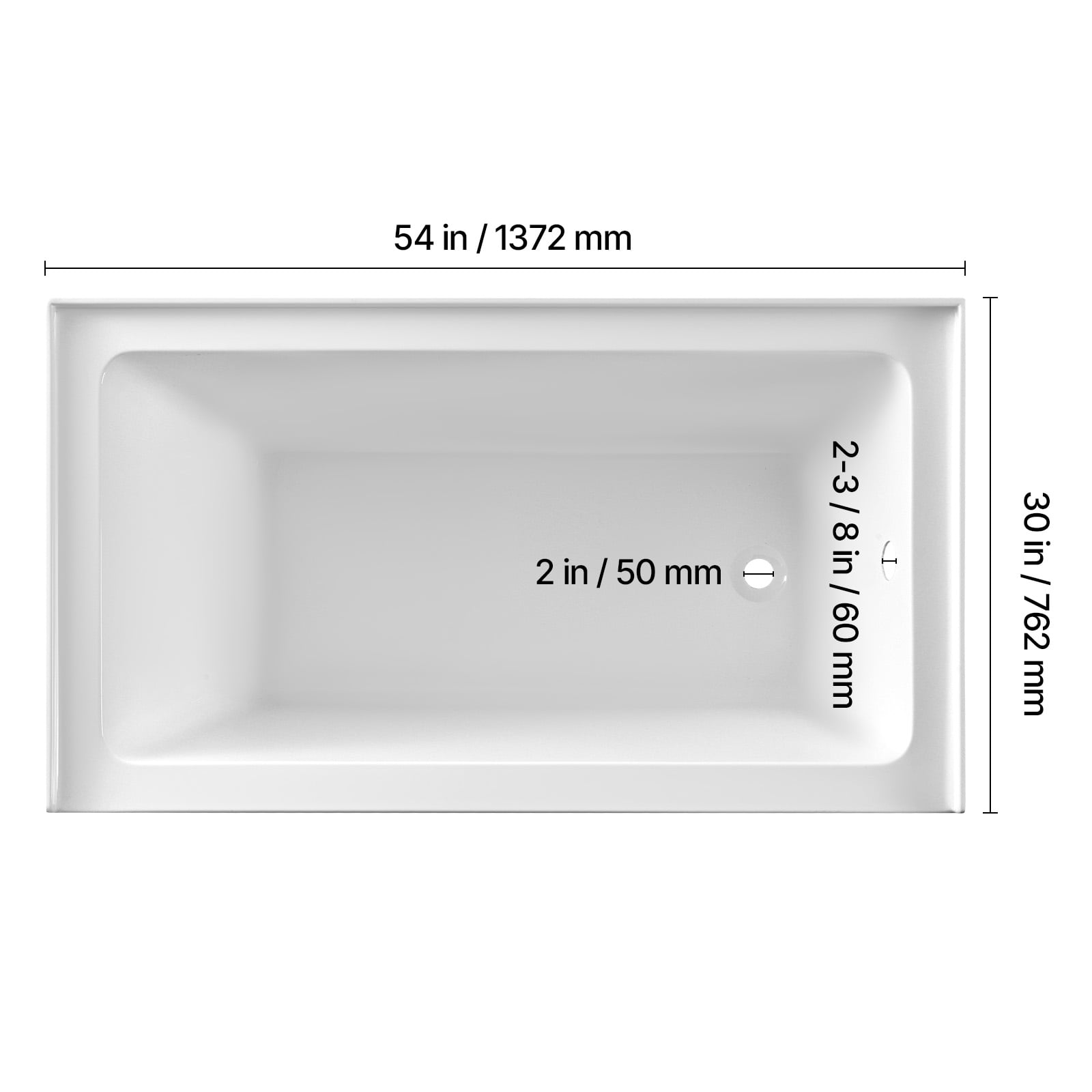 KFFKFF 54" x 30" Modern Alcove Acrylic Bathtub, Deep Soaking Tub with Right-Hand Drain and Overflow, Spacious Rectangular Bath for Bathroom with Built-In Flange, White