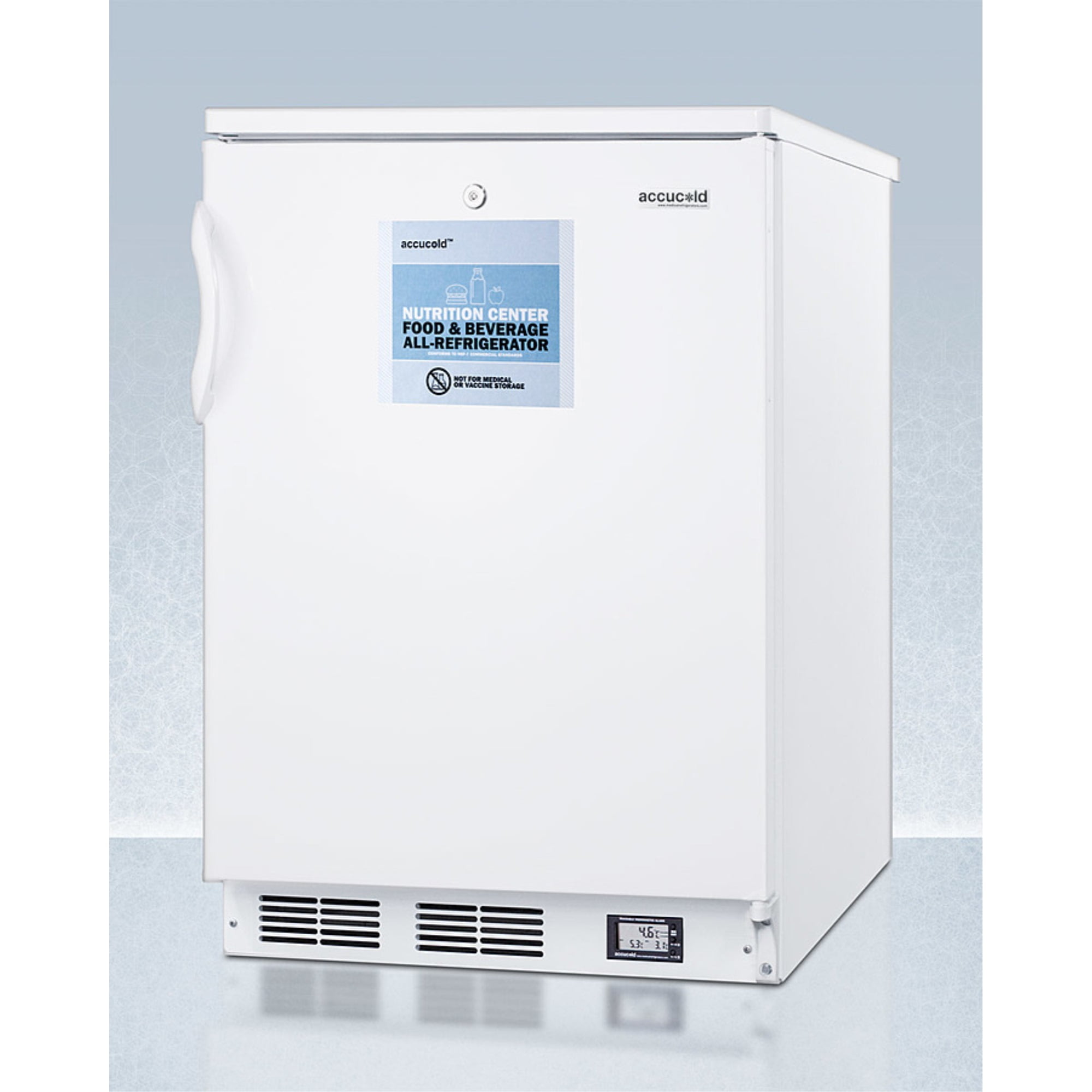 Commercially approved Nutrition Center series all-refrigerator in white for built-in or freestanding use, with front lock and digital temperature display