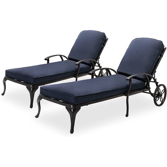 HOMEFUN Chaise Lounge Outdoor Chair with Navy Blue Cushions, Aluminum Pool Side Sun Lounges with Wheels Adjustable Reclining, Patio Furniture Set, Pack of 2(Antique Bronze)