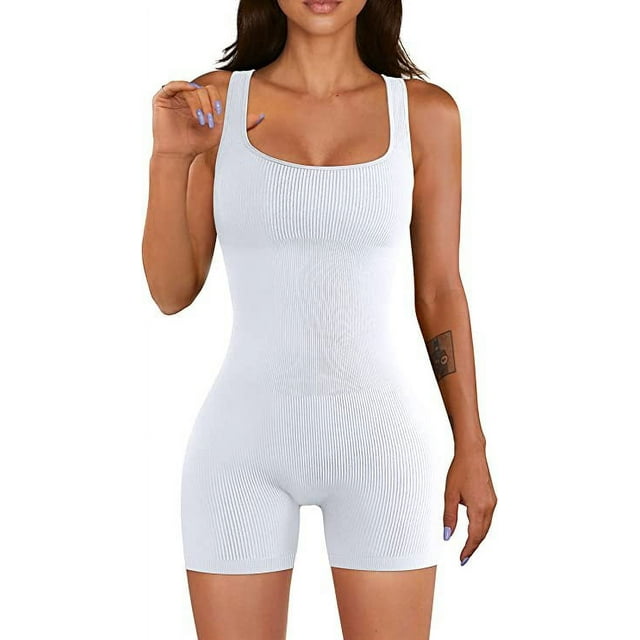 Women Yoga Romper Workout Ribbed Square Neck Sleeveless Sport Romper one Piece Short Jumpsuit