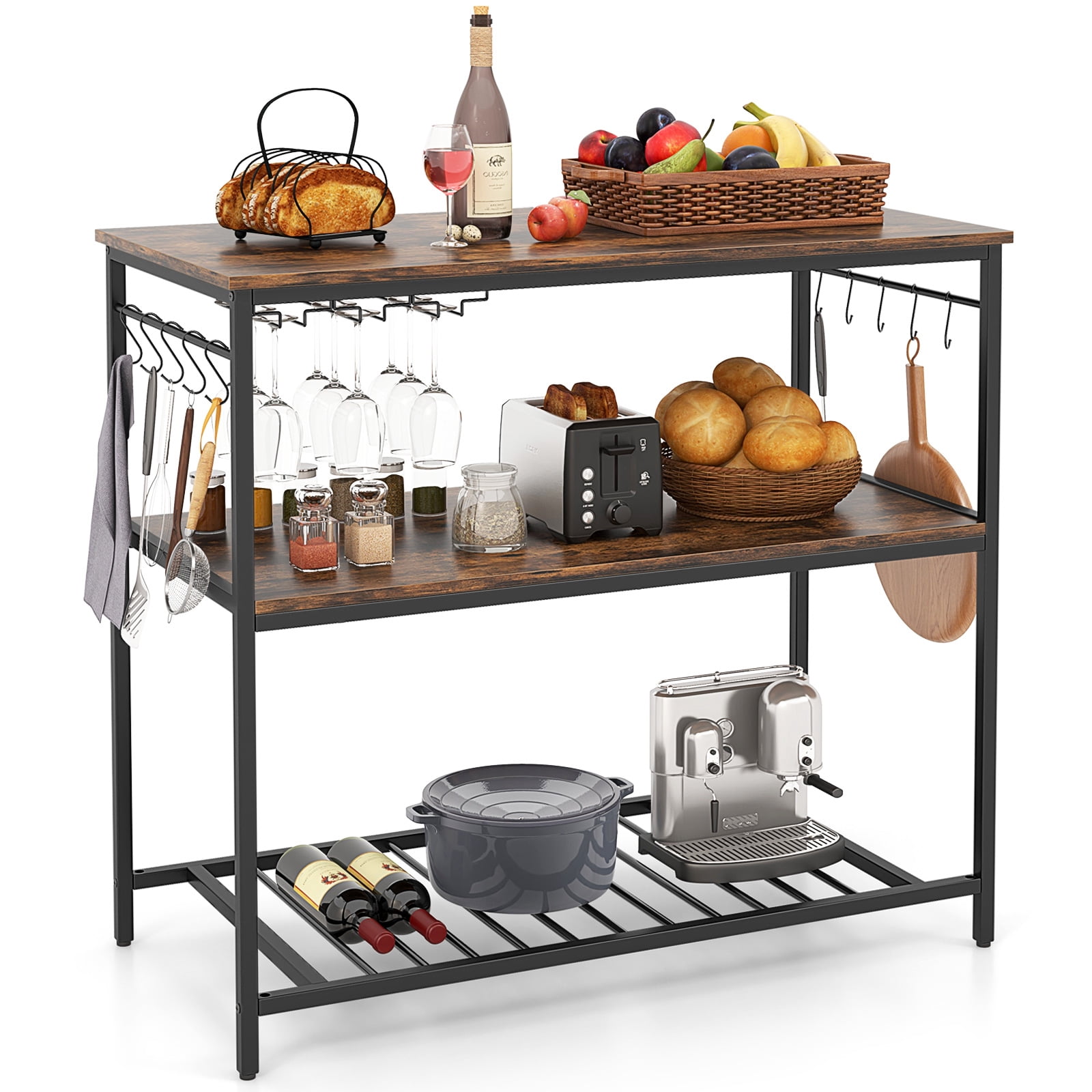 Topcobe 3 Shelves Kitchen Island Industrial Prep Table with Bottom Wine Rack, Basics Kitchen Storage Rack, Rustic Brown