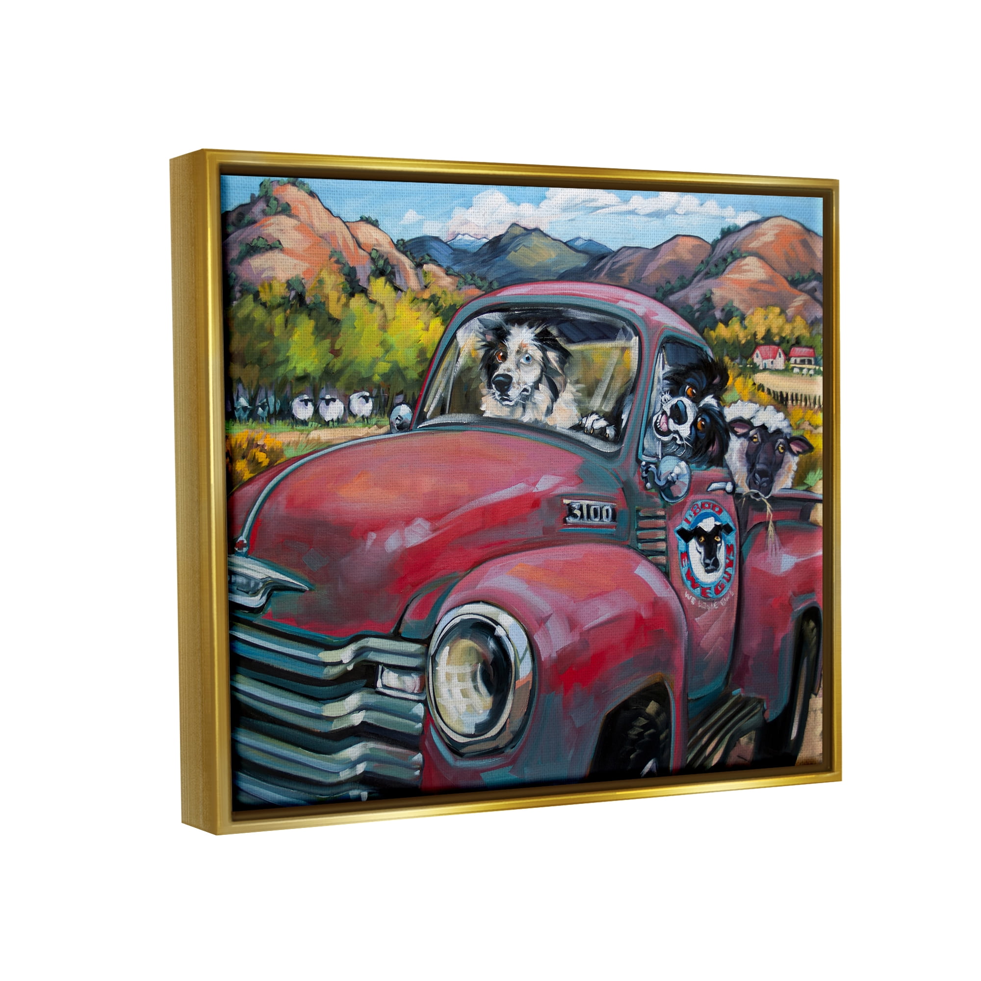 Stupell Industries Dogs in Vintage Truck Animals & Insects Painting Gold Floater Framed Art Print Wall Art, 21 x 17