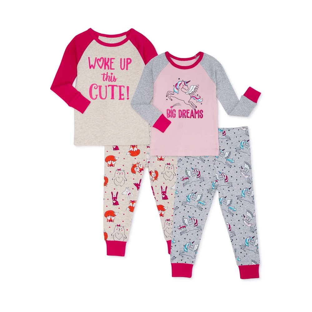 Wonder Nation Wonder Nation Baby Girls & Toddler Girls Snug Fit Cotton Long Sleeve Pajamas, 4
