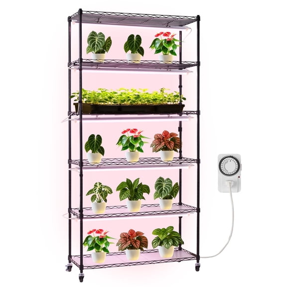 VEVOR Plant Shelf with Grow Light,6-Tier Indoor Plant Stand, 71in Tall Indoor Plants Display Rack with Wheels & Timer,150W 3800K Full Spectrum Grow Lights,Metal Flower Pot Holder for Seed Starting