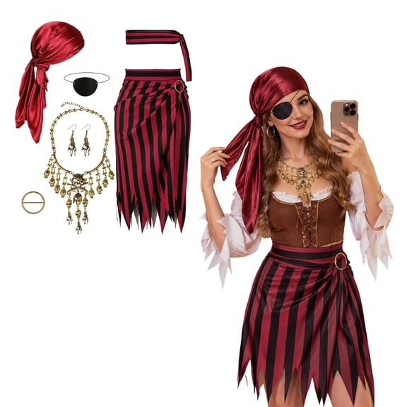 Halloween Dress Up, Pirate Halloween Costume Cosplay Accessory Set with Striped Asymmetrical Skirt, Head Wrap and Eye Patch and Layered Gold Tone Jewelry for Halloween Parties and Stage Performances
