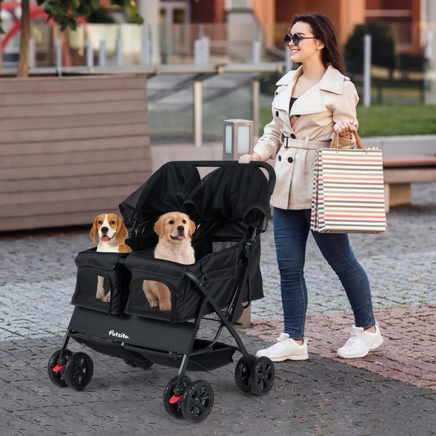 Pefilos Foldable Double Pet Stroller, Adjustable Sunshade & Storage Basket, Rustproof Aluminum Frame, Black