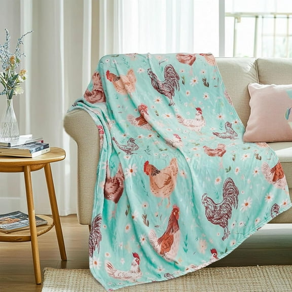 Chicken Blanket Gifts 50"*60" Flannel Plush Green Floral Daisy Rooster Throw Blankets Chickens Decor Stuff for Women Adults Kids