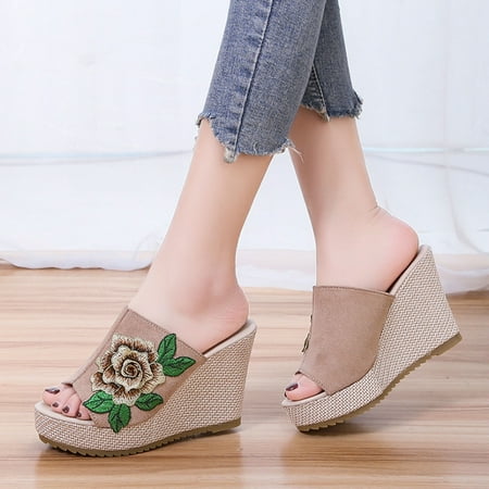 

Wedges Summer Women Open Toe Breathable Sandals Flower Embroidery Slip-On Wedges Shoes