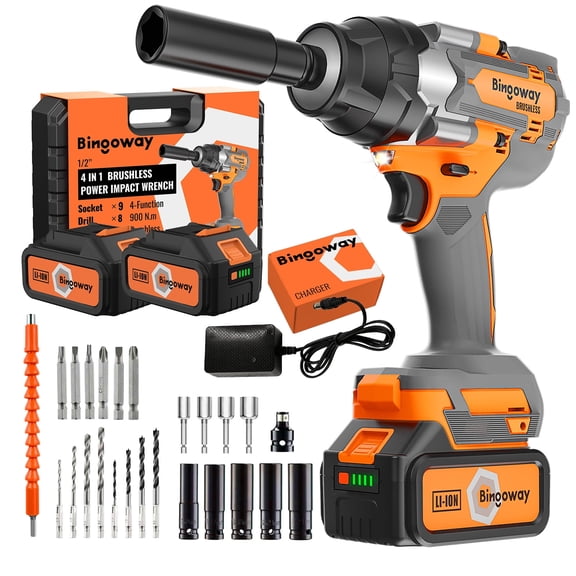 900N.m Brushless Impact Wrench, 21V Cordless Electric Impact Gun 1/2 Inch, High Torque Impact Driver, 2 × 4.0Ah Impact Dril Tool Set, 5 Sockets,8 Drill,10 Screws, Variable for Car Truck Mower Repair