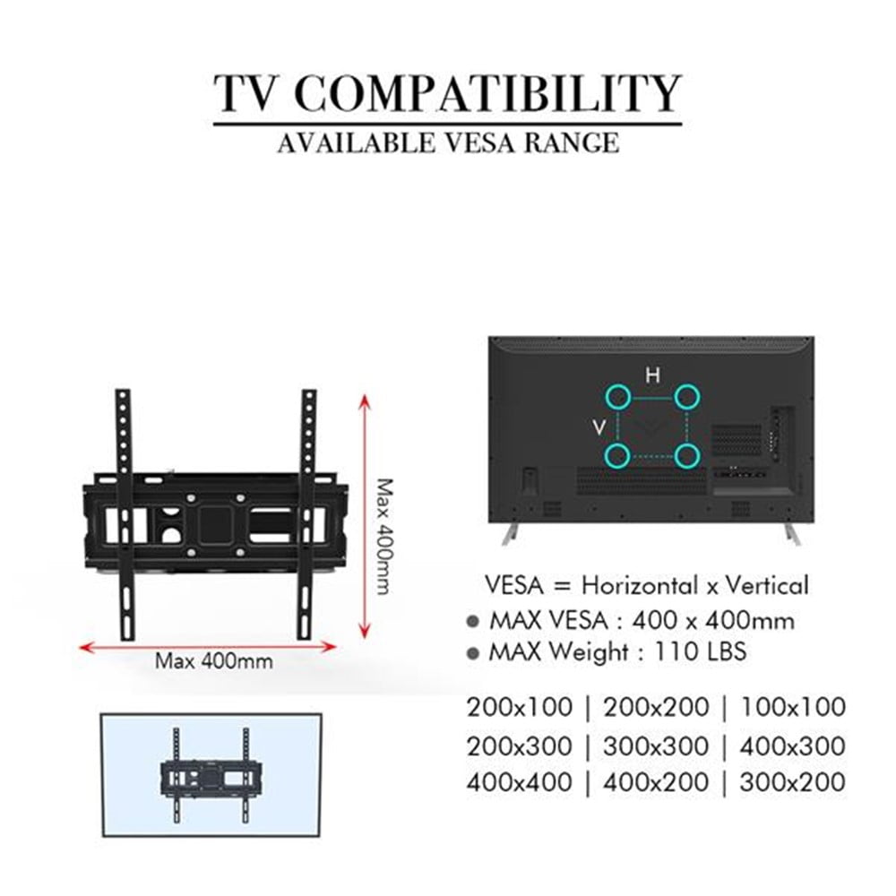 Full Motion TV Wall Mount Corner Bracket, VESA 400 x 400 Compatible, Extending Arm Articulating, Swivel, Tilt Fits 32-60 Inch TVs, 77 Lbs Capacity Black